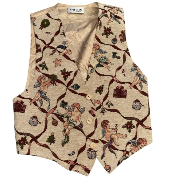Jackets & Blazers - Vintage Facets Cherub Santa Christmas Holiday Vest Tan Women’s M Tree 90’a Y2K